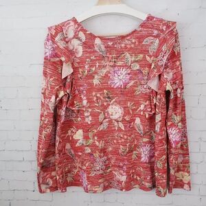LC Lauren Conrad Floral Knit Top M Burnt Orange Red Ruffle Accent Long Sleeve